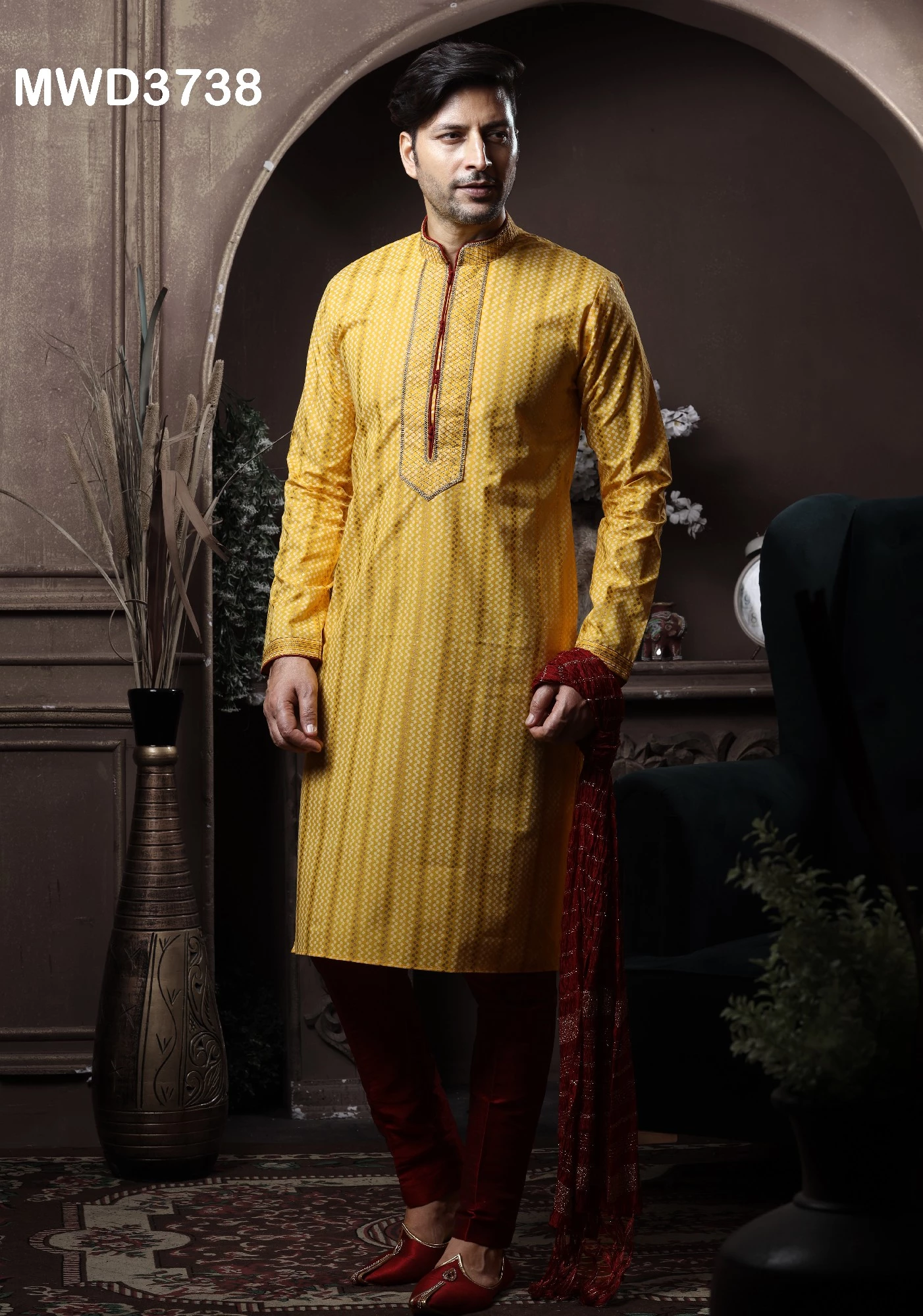 Yellow Mens Printed Kurta With Pajama, 36-1.webp